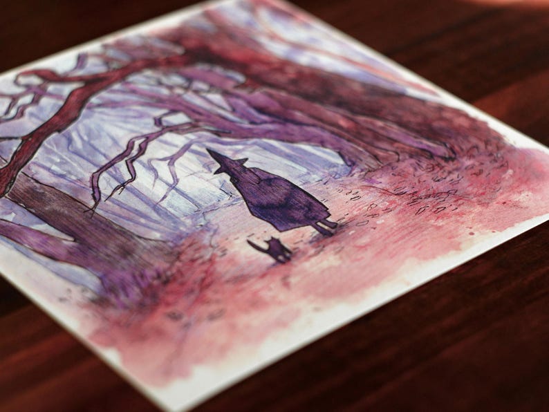 May include: Watercolor illustration of a figure in a cloak and hat walking with a black cat through a forest. The artwork features a color palette of purple, red, and white, with detailed tree branches and a path.