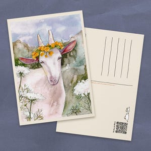Cartolina acquerello con ghirlanda di tarassaco e capra / Biglietti in carta riciclata Cottagecore / Piccole stampe artistiche con simpatici animali da fattoria