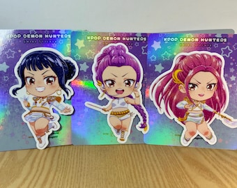 Pegatinas de vinilo impermeables de Kpop Demon Hunters Chibi con fototop mate brillante de Rumi Mira Zoey