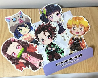 Demon Slayer Chibi Sticker Set Vinyl with Glittery Phototop Tanjiro Nezuko Zenitsu Inosuke Shinobu