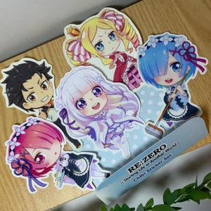 Re:Zero Chibi Sticker Set Vinyl with Glittery Phototop Natsuki Subaru Emilia Rem Ram Beatrice