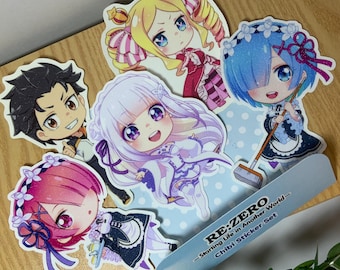 Set de pegatinas chibi de Re:Zero: Natsuki, Subaru, Emilia, Rem, Ram y Beatrice.