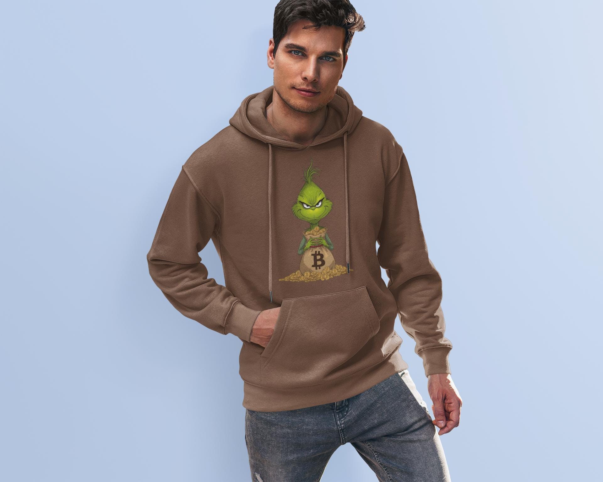 ユニークなビットコイングリンチクリスマスパーカー：男性向けの華やかな暗号通貨スタイルのホリデーセーター