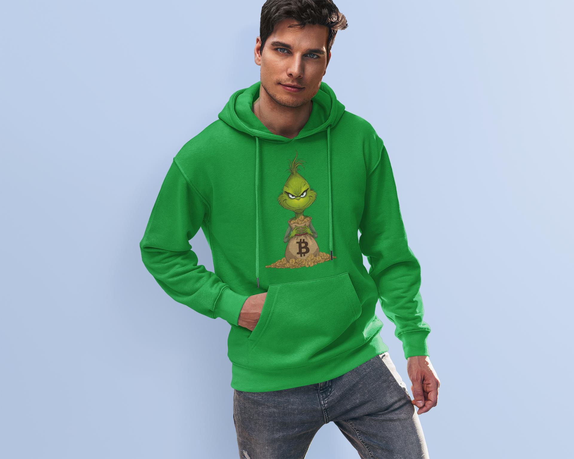 ユニークなビットコイングリンチクリスマスパーカー：男性向けの華やかな暗号通貨スタイルのホリデーセーター