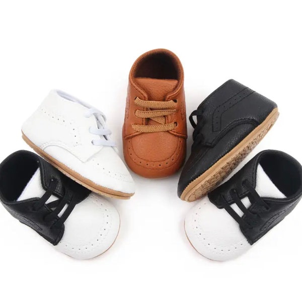 Baby boy shoes, crib shoes, dress shoes, spring shoes, summer, black, white and brown