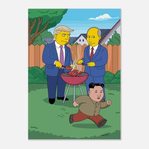 Impresión artística de la barbacoa de Donald Trump y Vladimir Putin: divertido póster de caricatura política al estilo de Los Simpson: Kim Jong-un huye