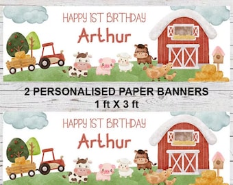 Birthday Banners - Farm Barn Yard Animals Theme - Personalised Paper Banners X2 or 1 Self Adhesive - Children's Kids Party Any Name Age