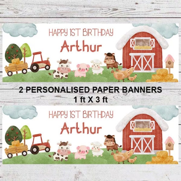 Birthday Banners - Farm Barn Yard Animals Theme - Personalised Paper Banners X2 or 1 Self Adhesive - Children's Kids Party Any Name Age