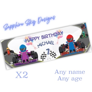 Birthday Banners -  Go-Kart Racing Theme - Personalised Paper Banners X2 or 1 Self Adhesive - Children's Kids Party Any Name Age