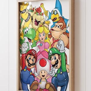 Mario and Friends muurkunstprint – 1 staande print – ingelijste of niet-ingelijste gamingposter voor kinderkamer of speelkamer