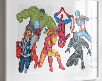 Superheroes Wall Art Print – Horizontal Printed or Framed Comic Heroes Poster – Kids Bedroom Decor