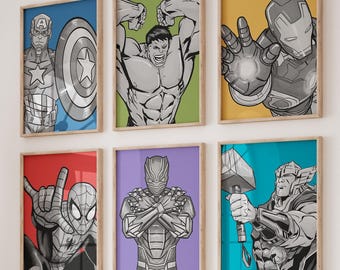 Superhero Wall Art – Set of 6, Hero Posters, Boys Room Prints (Printed or Framed)