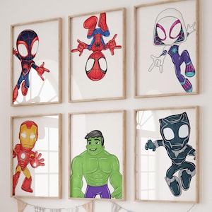 Arte digital de pared de Héroes Web: Set de 6 láminas imprimibles de superhéroes para habitación infantil o guardería, descarga instantánea