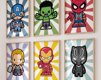 Digital Superhero Wall Art – Set of 6 Hero Prints for Boys Room, Playroom or Nursery Decor