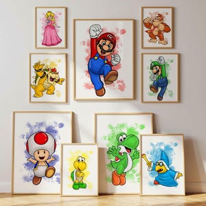 Láminas para habitación infantil de Mario y sus amigos: Set de 9 láminas de juegos de aventura (descarga digital)