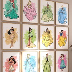 Princess Wall Art – Set of 12 Printed or Framed Watercolor Splatter Prints, Girls Room Decor, Nursery Princesses