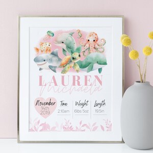 Personalisiertes Geburtsposter mit Meerestieren - Maritimes Kinderzimmer Dekor, individueller Baby Name Druck, druckbares Geschenk zur Geburt