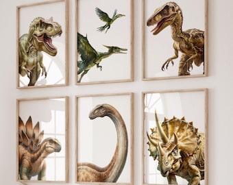 Dinosaur Nursery Prints – Set of 6, T-Rex Triceratops Stegosaurus Wall Art, Printed or Framed
