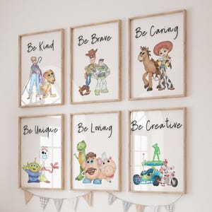 Digital Toy-Themed Affirmation Prints – Set of 6 ‘BE’ Posters (Kind, Brave, Creative) for Kids Room, Nursery or Playroom Decor