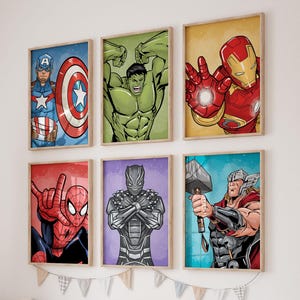Digital Superhero Wall Art – Set of 6 Hero Prints for Boys Room, Printable Superhero Decor for Kids or Nursery
