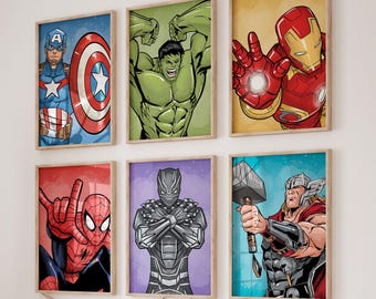 Digital Superhero Wall Art – Set of 6 Hero Prints for Boys Room, Printable Superhero Decor for Kids or Nursery