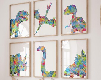Dinosaur Silhouette Nursery Prints – Set of 6, Boys Room Wall Art, Printed or Framed