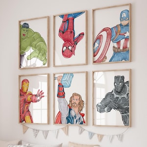 Digital Superhero Wall Art – Set of 6 Prints for Boys Room, Nursery or Playroom, Printable Hero Decor