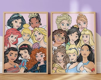 Digital Princesses Collage Prints – Set of 2 Fairy Tale Wall Art Designs for Girls Room or Nursery, Instant Download