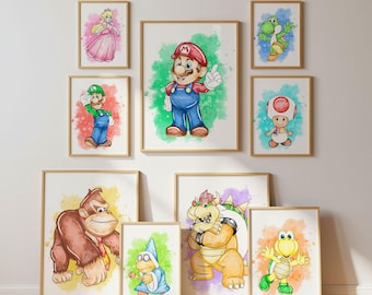 Video Game Character Splash Wall Art, Set of 9 Prints, Digital Download