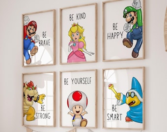 Conjunto de 6 afirmaciones de Mario, láminas infantiles con temática de videojuegos, descarga digital.