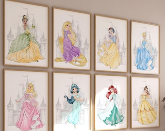 Watercolor Princesses Wall Art – Set of 8 Fairy Tale Castle Prints for Girls Room or Nursery, Instant Download