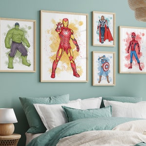 Arte murale digitale di supereroi - Set di 6 stampe di eroi per la cameretta dei ragazzi, la cameretta dei bambini o la sala giochi.