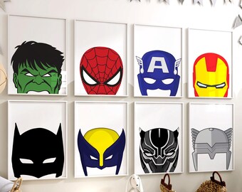 Digital Superhero Helmet Wall Art – Set of 8 Printable Posters for Boys Room or Nursery, Hero Decor for Kids Bedroom