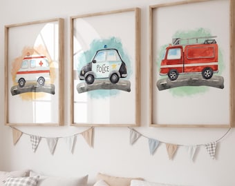 Emergency Vehicle Nursery Prints – Set of 3, Fire Engine, Police Car, Printed or Framed