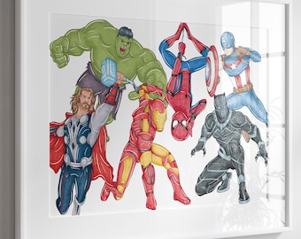 Könnte beinhalten: Ein gerahmter Druck mit einer Aquarellillustration verschiedener Superhelden, darunter Hulk, Thor, Iron Man, Spider-Man, Captain America und Black Panther. Das Kunstwerk ist vor einem weißen Hintergrund und in einem weißen Rahmen.