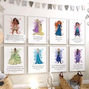 Art mural numérique citation biblique princesse – Lot de 2 à 8 gravures d'Écritures saintes pour chambre de fille, chambre de bébé chrétienne ou déco d'école du dimanche
