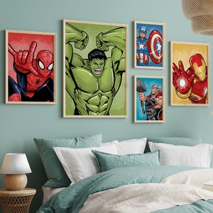 Set of 5 Colorful Superhero Digital Wall Art, Boy Bedroom Decor, Kids Printables, Superheroes Theme, Digital Download