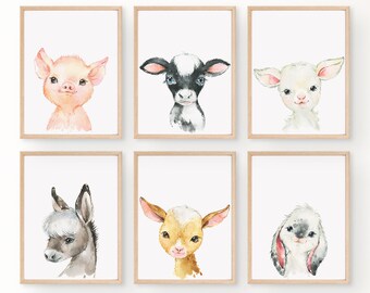 Farm Animal Prints: Set of 6 Watercolor Nursery Wall Art (Digital Download)