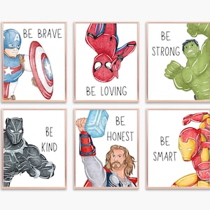 Digital Superhero Affirmation Wall Art – Set of 6 Printable “Be Brave, Be Kind, Be Strong” Posters for Boys Room Decor