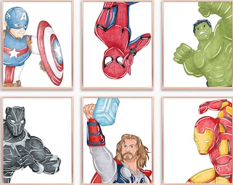 Printable Superhero Wall Art – Set of 6 Digital Hero Posters for Boys Room, Playroom or Nursery Decor