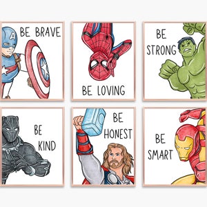 Set of 6 Superhero Wall Art with Affirmations, Be Brave, Be Strong, Be Bold, Boys Room Decor, Kids Printable Wall Art, Digital Download