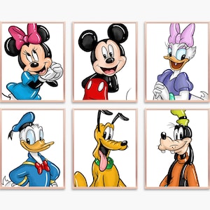 Pósteres digitales clásicos de amigos ratones: set de 6 diseños imprimibles para la habitación de un niño o una guardería, descarga instantánea.