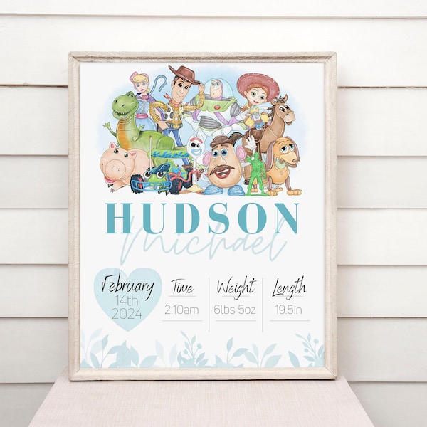 Personalised Digital Birth Print with Toy Characters, New Baby Gift, Nursery Decor, Keepsake Print, Digital Download, Playroom Printable