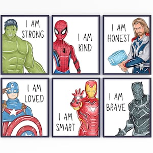 Digital Superheroes with 'I AM' Affirmations, Set of 6 Prints, Boy Bedroom Decor, Kids Printable Wall Art, I am Kind, I am Brave