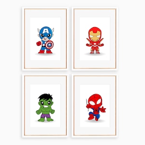Láminas digitales de superhéroes para niños: juego de 4 pósteres de pared para habitación de niño, decoración imprimible para guardería o sala de juegos.