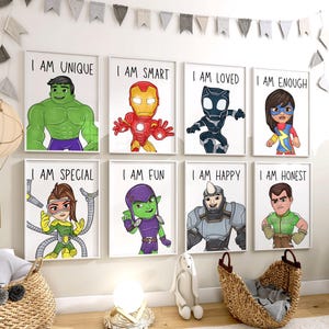 Web Superheroes Affirmation Prints – Set of 9 Digital Wall Art Designs, I Am Brave, I Am Kind, I Am Strong, Instant Download