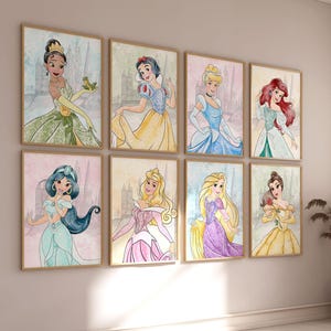 Op aquarel prinses geïnspireerde muurkunst – Set van 8 afdrukbare sprookjesafdrukken voor de inrichting van de meisjeskamer of kinderkamer