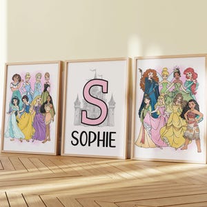 Princess Theme Personalised Name Wall Art – Set of 3 Custom Fairy Tale Prints for Girl Nursery or Bedroom, Printed or Framed
