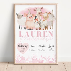 Personalisiertes Geburtsbild mit niedlichen Bauernhoftieren, Baby Poster, individuelles Farmhaus Dekor