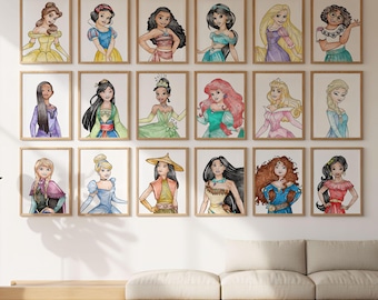 Princesses Wall Art Bundle, Set of 18 Prints, Digital Download